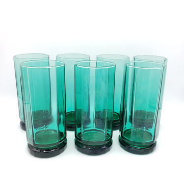 Vintage Green Glass Hexagon Tumblers | Set of 7 Anchor Hocking Turquoise Colored Glasses | MCM Tall, Heavy Cups Glassware 
