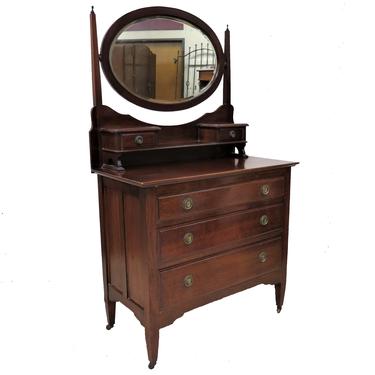 Bedroom Dresser | Vintage English Mahogany Three Drawer Dressing Chest With Beveled Mirror 