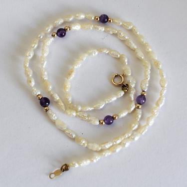 60's 14k amethyst beads rice pearls hippie bride necklace, dainty bohemian flower child gold gemstones &amp; pearls necklace 