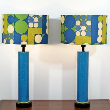 Mid Century Modern Monumental Pair of Blue Ceramic Table Lamps Panton Shades 60s 