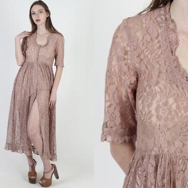 Mauve Gypsy Grunge Dress / 1990s Sheer Lace Dress / Button Up Full Skirt Dress / Vintage 90s Plain All Over Floral / See Through Maxi Dress 