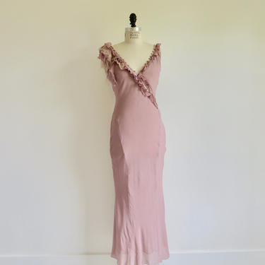Vintage 1930's Style Lavender Mauve Silk Bias Cut Chiffon Long Dress Flutter Neckline and Shoulders Art Deco Gown Karen Millen Size 8 US Med 