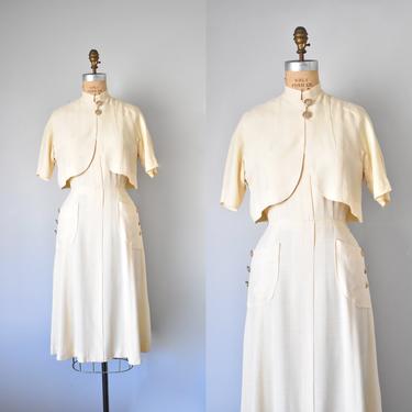 Pettigrew silk crepe dress & jacket, cream 1950s dress, dress two piece set, dress with pockets 