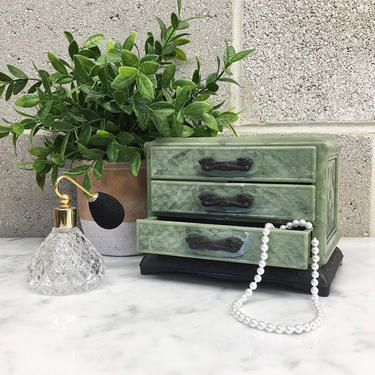 Vintage Jewelry Box Retro 1980s Asian + Oriental + Celluloid + Faux Jade + 3 Drawers + Jewelry Storage + Home and Vanity Decor 