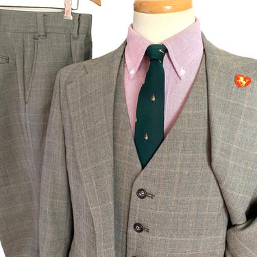 Vintage 1970s Wool Flannel 3pc GLEN PLAID Suit ~ 40 S ~ vest / waistcoat ~ pants / jacket / sport coat ~ Preppy / Ivy Style / Trad 
