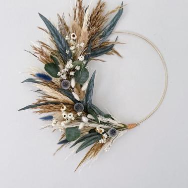 Fall Grasses Wreath with Blue and White Accents, Boho Neutral Coastal Wreath, Earthy Coastal Grasses Wreath, Pampas Grass and Eucalyptus 