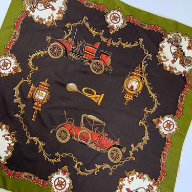 Model T Scarf - Vintage Automobile Scarf - Gas Lights &amp; Air Horns - All Silk - Olive Green and Chocolate - 26-1/2 x 26-1/2 Inches 