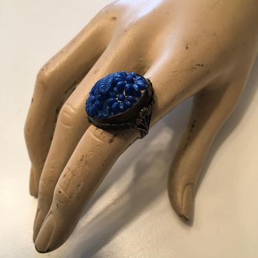 Vintage Art Nouveau Pressed Molded Blue Floral Glass Sterling Silver Ring 