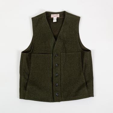 70s CC Filson Olive Wool Vest - Size 42 | Vintage Button Up Sleeveless Hunting Work Jacket 