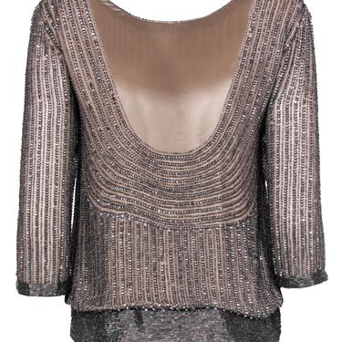 Parker - Beige & Silver Sequin & Beaded Long Sleeve Blouse Sz XS