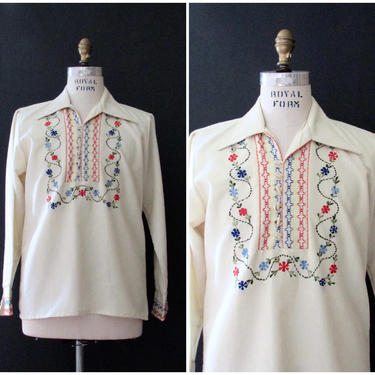 FASHION FOLK De George Lety Vintage 70s Mexican Mens Embroidered Shirt | 1970s Mexico Folkwear Floral Embroidery Peasant Top | Mens Sz Small 