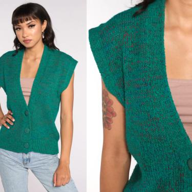 Flecked Sweater Vest Top Green Button up Sweater 80s Cap Sleeve Knit Top Boho Hippie Vintage Deep V Neck Sleeveless Medium 