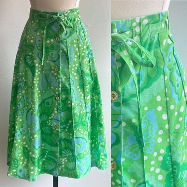 Vintage 70's Preppy TROPICAL BUTTERFLY Print Skirt / Front Buttons + Tie / Sanobel Sport 