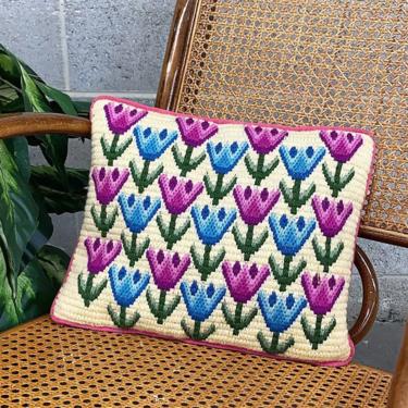 Vintage Pillow Retro 1970s Bohemian + Homemade + Crochet + Tulip Flower Design + Rectangular + Decorative + Home Decor + Textile + Fiber Art 
