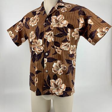 1960's Hawaiian Shirt - PACE Sportswear - All Cotton - Hibiscus - Metal Buttons - Patch Pocket - Loop Collar - Men's Size Medium 