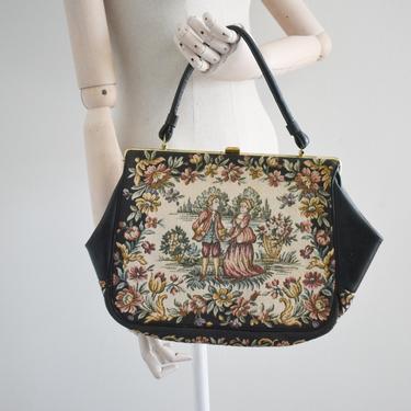 1960s/70s Black Vinyl and Tapestry Handbag 