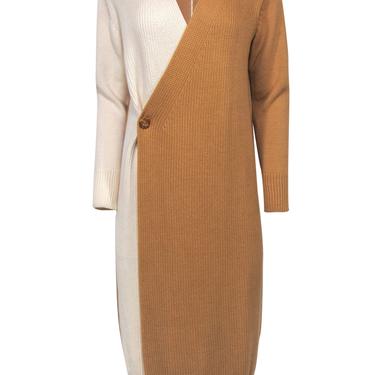 Prima - Camel &amp; Ivory Two-Toned Wrap Maxi Sweater Dress Sz S