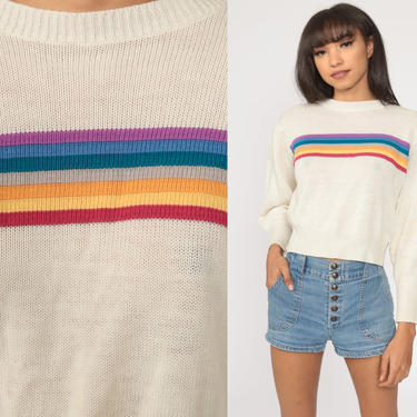 80s Rainbow Sweater Cream Striped Sweater Puff Sleeve Knit Jumper Shop Exile Tucson AZ