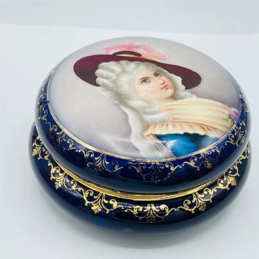Lovely Hand Painted Portrait Trinket Box   Cobalt Blue and Gold  - 19th Century- Excellent Condition 