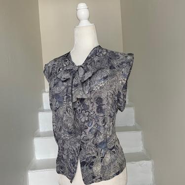 1940s Sleeveless Silk Blouse Muted Grey and Blue Floral 42 Bust Vintage 