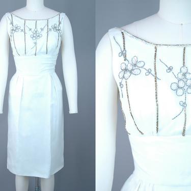 1960s Silk Beaded Cocktail Dress | Vintage 60s White &amp; Gold Dress | xs petite 