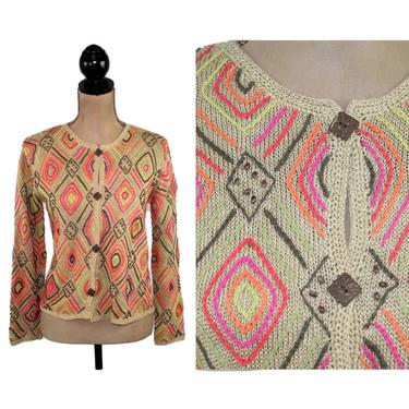 Sigrid Olsen Embroidered Cardigan Sweater Women Small Boho Tribal Geometric Diamond Knit Ramie Silk Beige Orange Pink Vintage Clothing 90s 