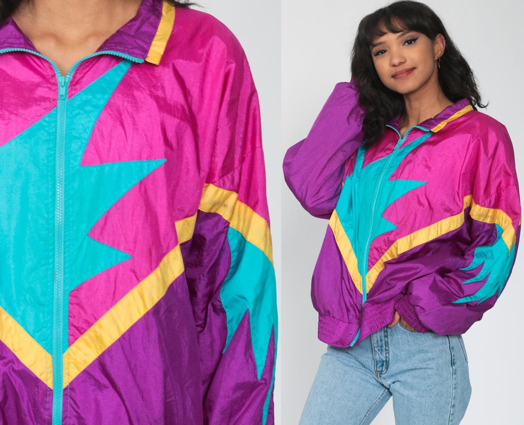 90s Windbreaker Jacket Shiny Neon Windbreaker Bright Blue Hot Pink