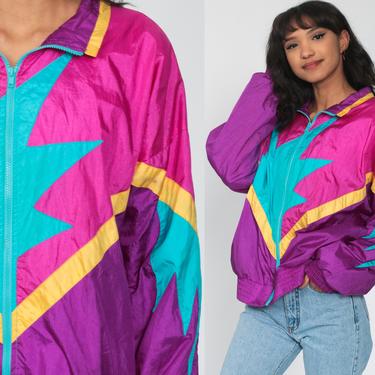 90s Windbreaker 80s Jacket Black Shiny Pink Bright Blue Yellow, Shop Exile