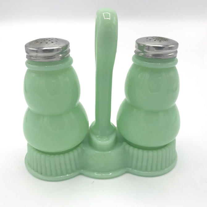 Vintage Mosser, 3-Piece Jadeite Green Milk Glass Salt & Pepper Shaker ...