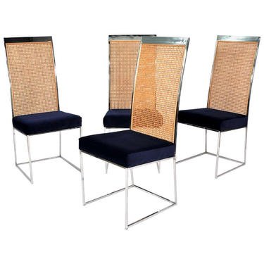 Set of Four Milo Baughman for Thayer Coggin Blue Velvet Cane Back Dining Chairs 