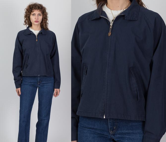 80s Plain Navy Blue Harrington Jacket - Men's Large Short