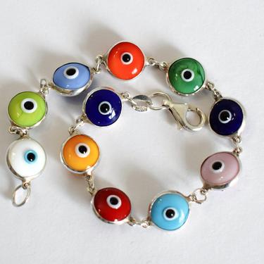 80's Malocchio eye of god multi-colored glass sterling arcana bracelet, vibrant 925 silver hand blown glass evil eye stackable 