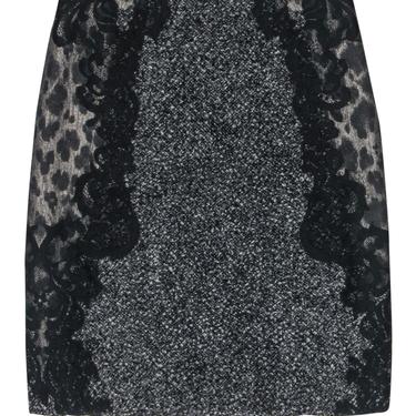 Elie Tahari - Gray Marbled Tweed Pencil Skirt w/ Leopard Spots &amp; Lace Sz 2