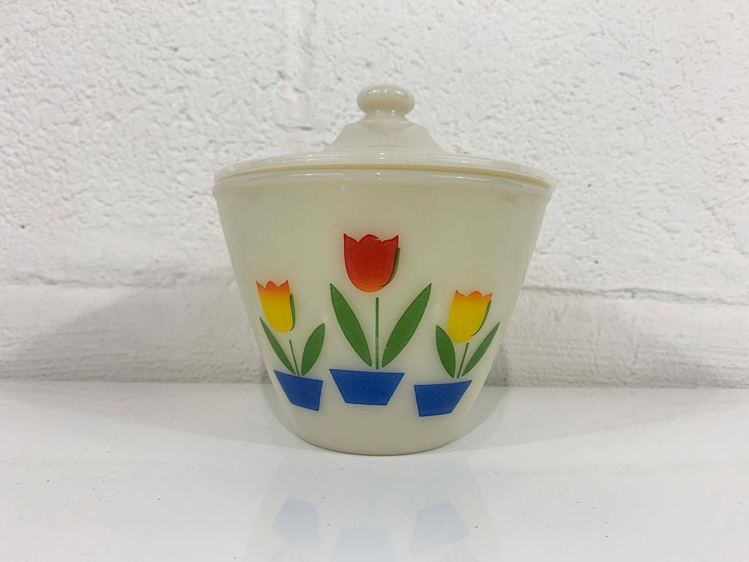 Vintage Tulip Fire King Grease Jar Milk Glass Lid Canister Check