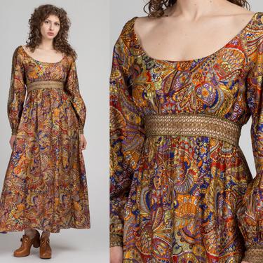 60s 70s Metallic Paisley Balloon Sleeve Maxi Dress - Medium | Vintage Boho Crochet Waist Scoop Neck Hippie Gown 