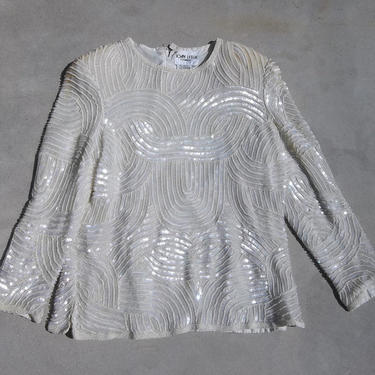 Vintage 1980s Joan Leslie Evenings Sequin Top Blouse Jacket  Sequined Beaded Silk, XL Women 