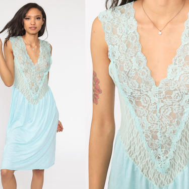 Blue Lace Slip Dress 80s Slip Sheer Lingerie Nightgown Midi Vintage Boho Romantic Bohemian Medium Large 