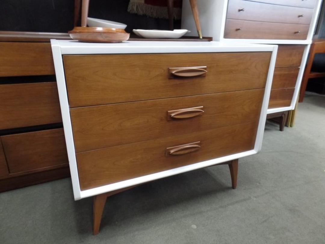 Mid Century Modern Painted White And Walnut Three Drawer Dresser