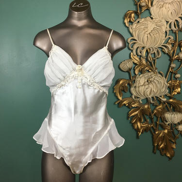 Vintage White Satin Teddy. Beautiful White Satin With Pale Flowers and Lace  Lingerie. 1980s S Teddy. Size Medium 
