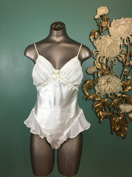 Vintage FREDERICK'S OF HOLLYWOOD Shiny Satin Lingerie Teddy, White, Size  Small