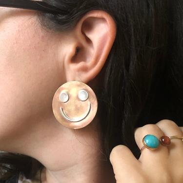 Giant Happy Face Studs in Brass and Sterling Silver Handmade Statement Earrings 