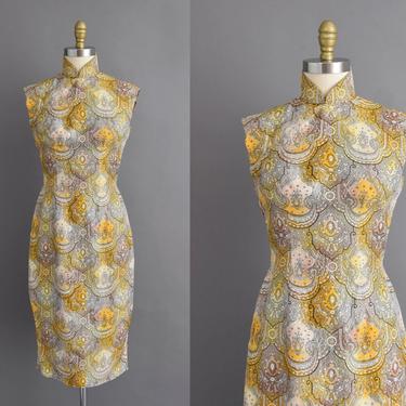 vintage 1950s dress | Gorgeous Golden Paisley Print Silk Cheongsam Cocktail Party Wiggle Dress | Small | 50s vintage dress 