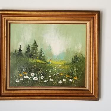 1970s Figurative Plein Air Landscape Oil Painting by Eve Brown, Framed. 