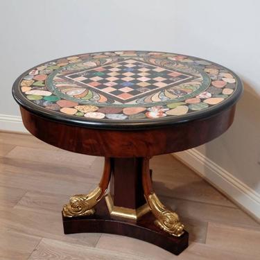 19th Century French Empire Grand Tour Specimen Marble Mahogany Giltwood Games Center Table 
