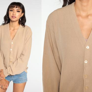 80s Cardigan Sweater Tan Button Up Sweater Grunge Grandpa Slouchy Boho Vintage Slouch Retro Nerd Bohemian Plain Men's Large 