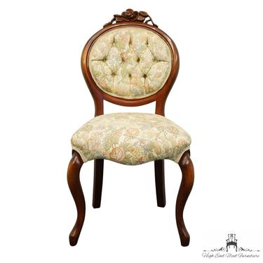 Antique Vintage Floral Landscape Upholstered Traditional English Victorian Tuft-Back Accent Side Chair w. Rose Carving 