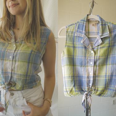 Vintage 100% Linen Crop Top | Green & Blue Madras Plaid Print | Jones New York Country | Size 4 