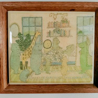 Vintage Susan Verble Gantner Framed Art Tile | Get Well Soon Animals Visiting Friend | Kimberly Enterprises CA 