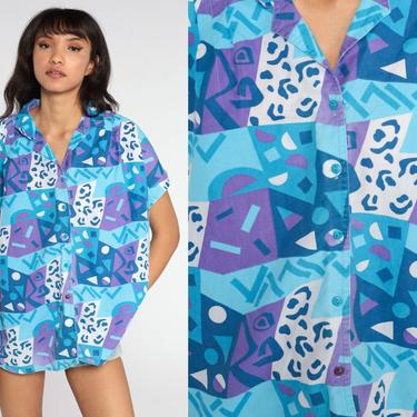 Geometric Button Up Shirt 80s Blue Top Blouse Purple CUFFED Short Sleeve Vintage Cotton Geek Hipster Retro Plus Size xxxl 3xl 