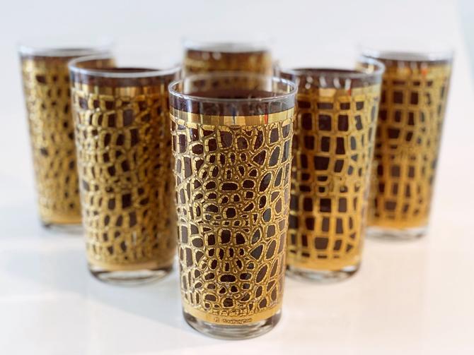 Vintage Etched Gold Cocktail - Highball Glasses, Set of 6 Vintage Whiskey,  Bourbon, Scotch Glasses, Mid Century Gold Highballs, Home Barware
